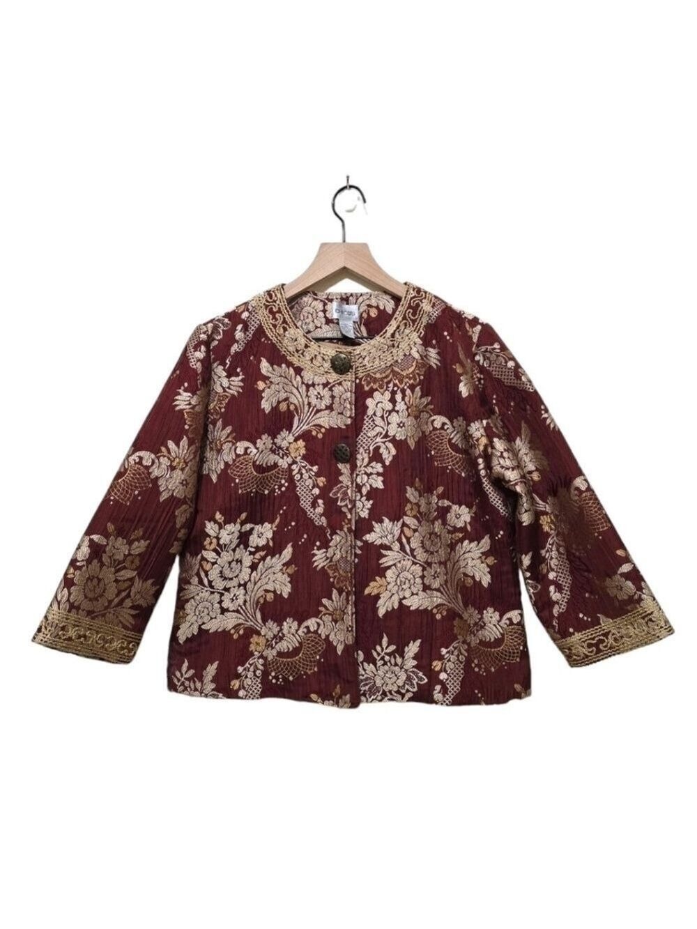 Chico's Rust Embroidered Crop Collarless Modern Floral Jacket Blazer Sz M